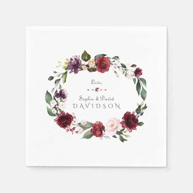 Burgundy Blush Plum Flowers Wreath Wedding Napkin (Front)
