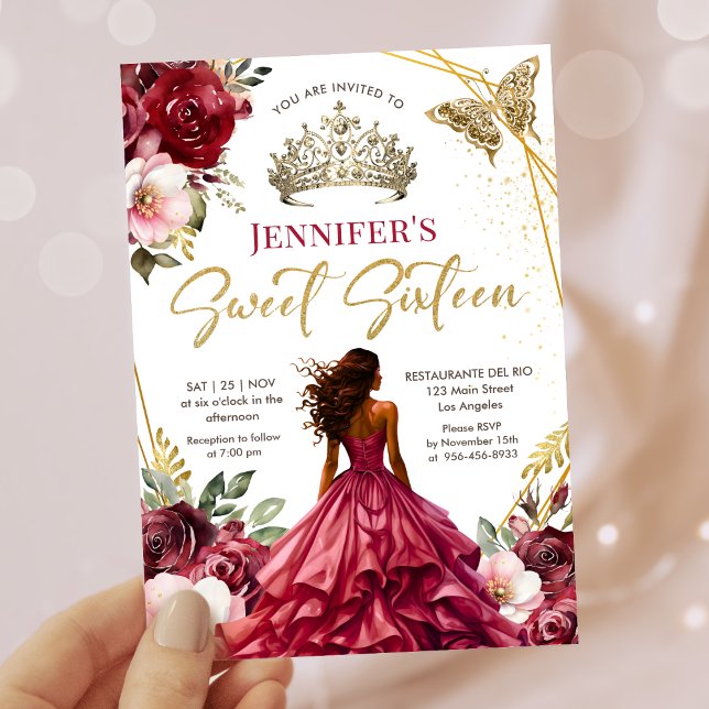 Burgundy Blush Princess Tiara Floral Sweet 16 Invitation (Creator Uploaded)
