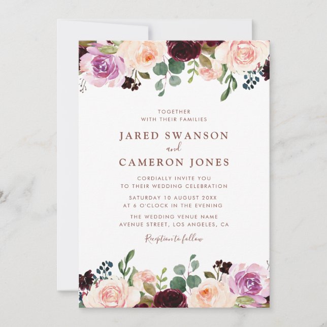 burgundy blush & purple fall floral wedding invitation (Front)