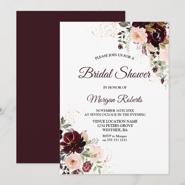 Burgundy Blush Red Wine Floral Bridal Shower Invitation (Front/Back)
