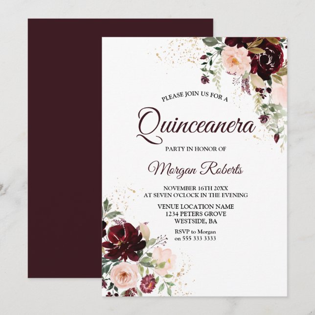 Burgundy Blush Red Wine Floral Quinceanera Party Invitation (Front/Back)