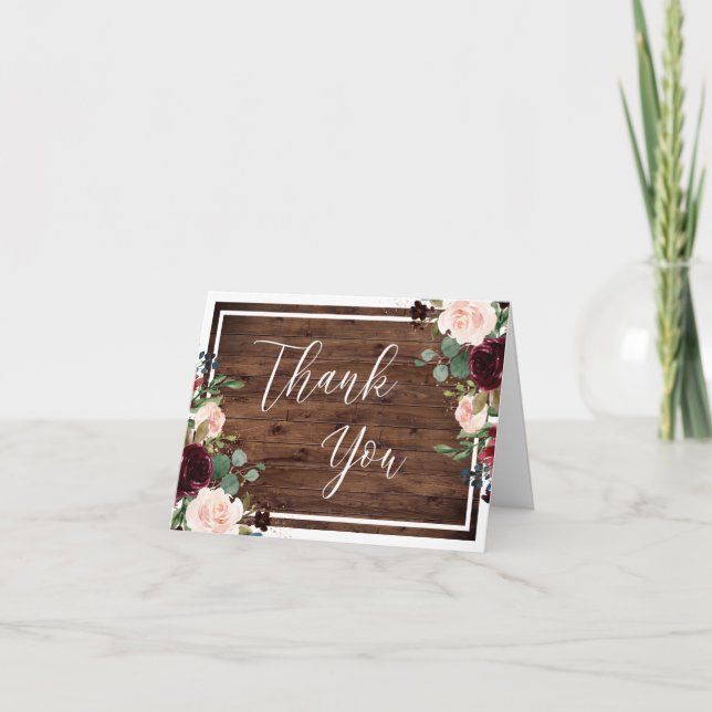 Burgundy & Blush Red Wine Floral Rustic Wedding Thank You Card (Front)