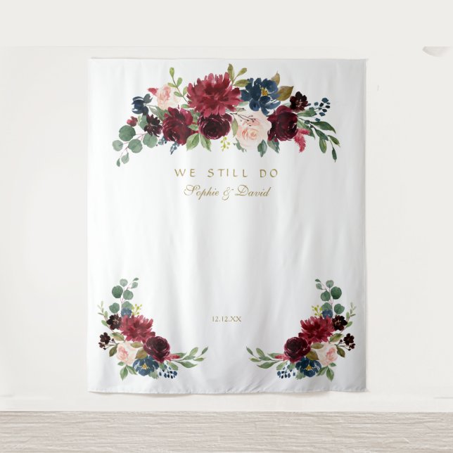 Burgundy Blush Renew The Vows Photo Booth Backdrop Tapestry (Front)