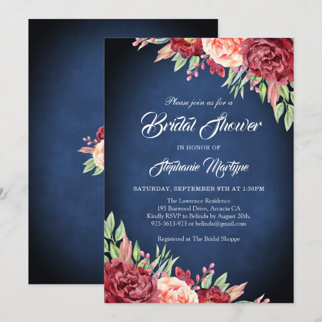 Burgundy Blush Rose Floral Navy Bridal Shower Invitation (Front/Back)