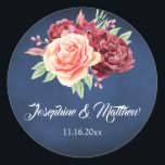 Burgundy Blush Rose Floral Navy Chalkboard Wedding Classic Round Sticker<br><div class="desc">These wedding stickers feature a watercolor burgundy and peach rose design with a navy blue chalkboard background. Personalise these stickers with your names and wedding date. These stickers are ideal for use as envelope seal stickers or for decorating wedding favours. They are part of a collection which includes matching wedding...</div>