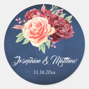 Burgundy Blush Rose Floral Navy Chalkboard Wedding Classic Round Sticker