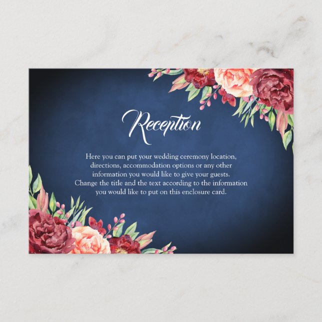Burgundy Blush Rose Floral Navy Chalkboard Wedding Enclosure Card (Front)