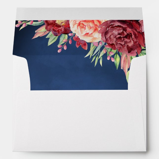 Burgundy Blush Rose Floral Navy Chalkboard Wedding Envelope (Back (Bottom))