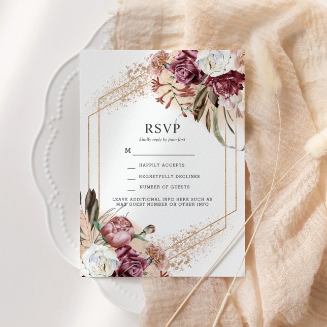 Burgundy, Blush & Rose Gold Elegant Boho RSVP Invitation (Creator Uploaded)