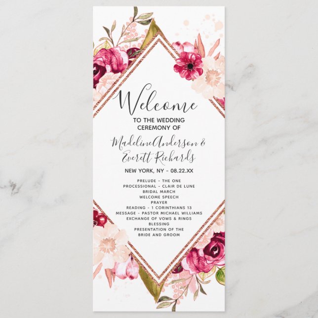 Burgundy Blush Rose Gold Wedding Ceremony Program Programme (Front)