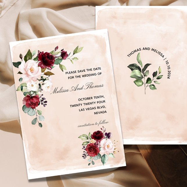 Burgundy Blush Rose Save The Date Announcement (Creator Uploaded)