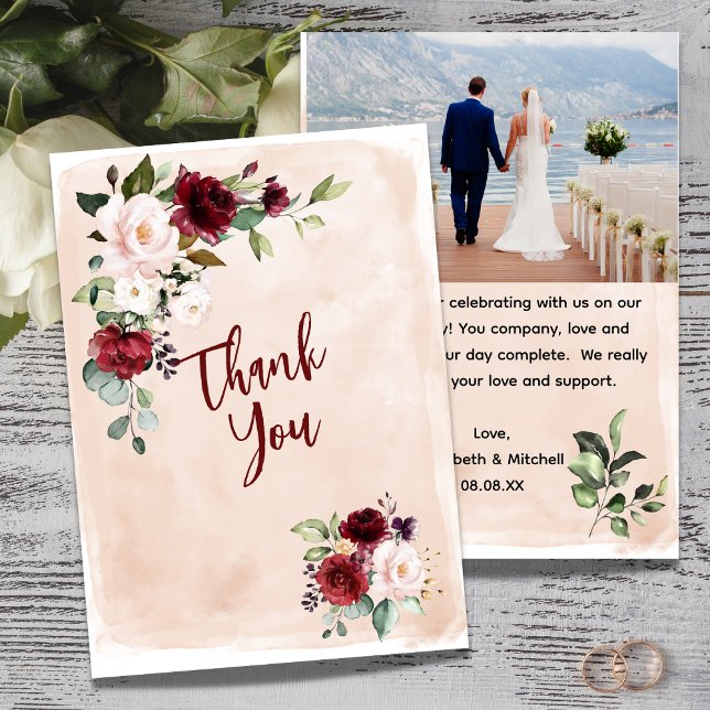 Burgundy Blush Rose Wedding Photo Thank You Card (Creator Uploaded)