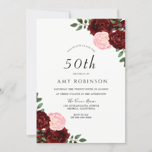 Burgundy Blush Roses 50th Birthday Party Invitation