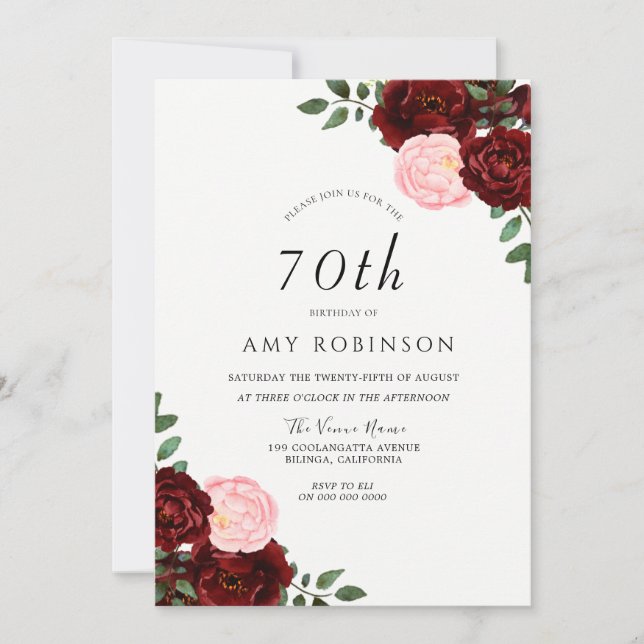 Burgundy Blush Roses 70th Birthday Party Invitation (Front)