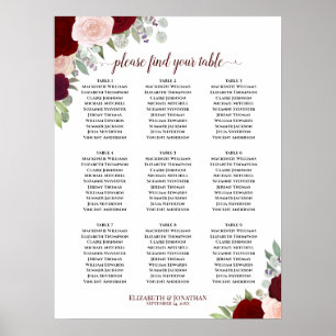 Burgundy Blush Roses 9 Table Wedding Seating Chart