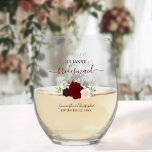 Burgundy Blush Roses Bridesmaid Maid of Honour Gif Stemless Wine Glass<br><div class="desc">This set is the perfect choice for thanking the bridesmaids and maid of honour at your wedding. The beautiful boho chic design features a cluster of hand painted watercolor roses in shades of burgundy, red and blush pink, along with eucalyptus sprigs and garden greenery. Her name & title appears in...</div>