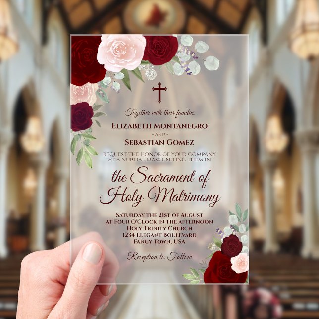 Burgundy & Blush Roses Elegant Catholic Wedding Acrylic Invitations (Frosted Acrylic with Rectangle Cut)