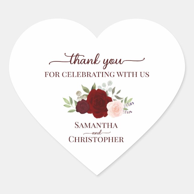 Burgundy Blush Roses Elegant Wedding Thank You Heart Sticker (Front)