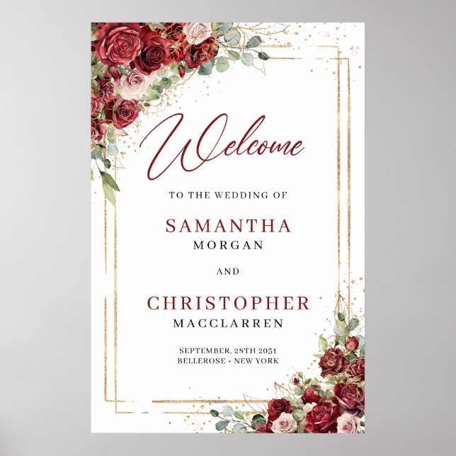 Burgundy blush roses eucalyptus Wedding Welcome Poster (Front)