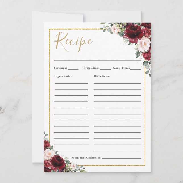 Burgundy Blush Roses Floral Bring Recipe Card (Front)