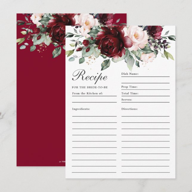 Burgundy Blush Roses Floral Recipe For Bride Card (Front/Back)