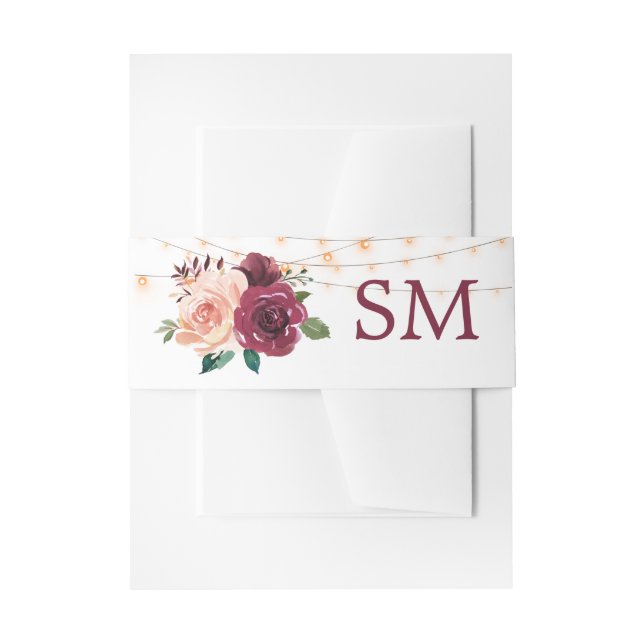 Burgundy Blush Roses Lights Wedding Monogram Invitation Belly Band (Front Example)