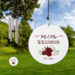 Burgundy & Blush Roses Mr. & Mrs. Wedding Memento Wind Chime<br><div class="desc">Celebrate the newlyweds with this beautiful custom windchime. The sail of the charm features a beautiful boho chic design with a cluster of hand painted watercolor roses in shades of burgundy, red, and blush pink. The text reads Mr. & Mrs. with their last name and the established year (year of...</div>