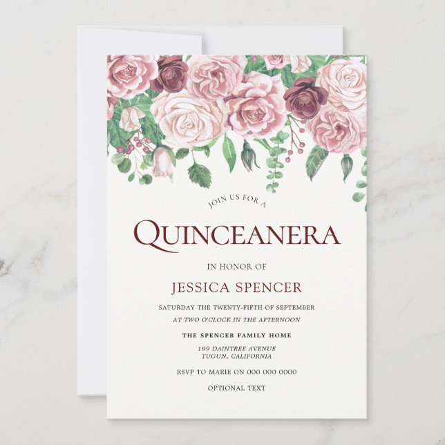 Burgundy & Blush Roses Quinceanera Party Invite (Front)