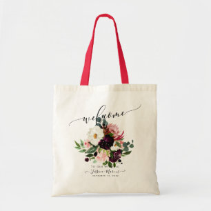 Burgundy+Blush Roses, Watercolor Flowers Welcome Tote Bag
