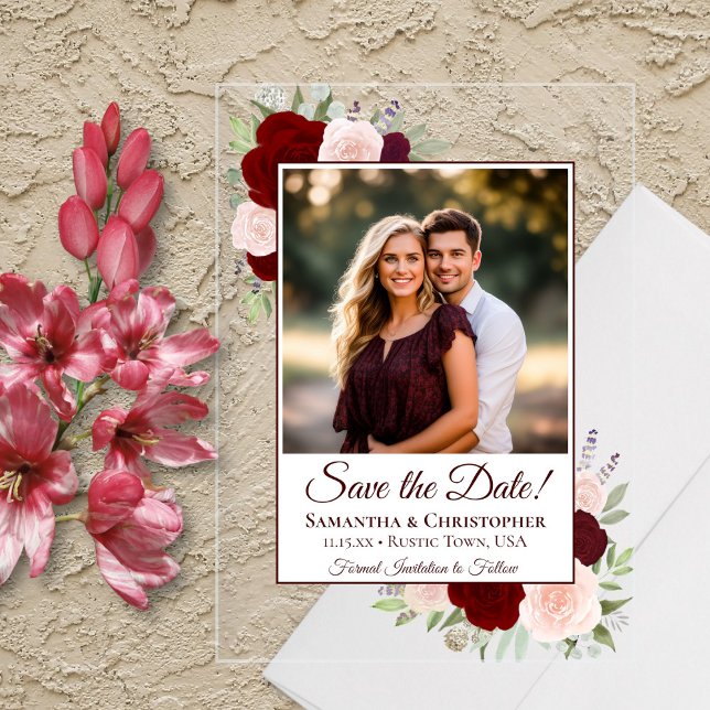 Burgundy Blush Roses Wedding Save the Date Photo Acrylic Invitations (Clear Acrylic with Rectangle Cut)