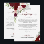 Burgundy Blush Roses Wedding Welcome & Itinerary Programme<br><div class="desc">These beautiful cards are designed to welcome your guests and special members of your wedding party. The rustic boho chic design includes hand painted watercolor roses, eucalyptus leaves, and garden greenery in shades of burgundy, red, and blush pink. The front has space for a welcome message, and on the back...</div>