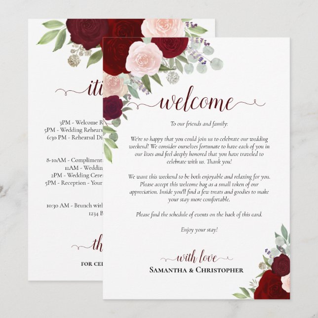 Burgundy Blush Roses Wedding Welcome & Itinerary Programme (Front/Back)