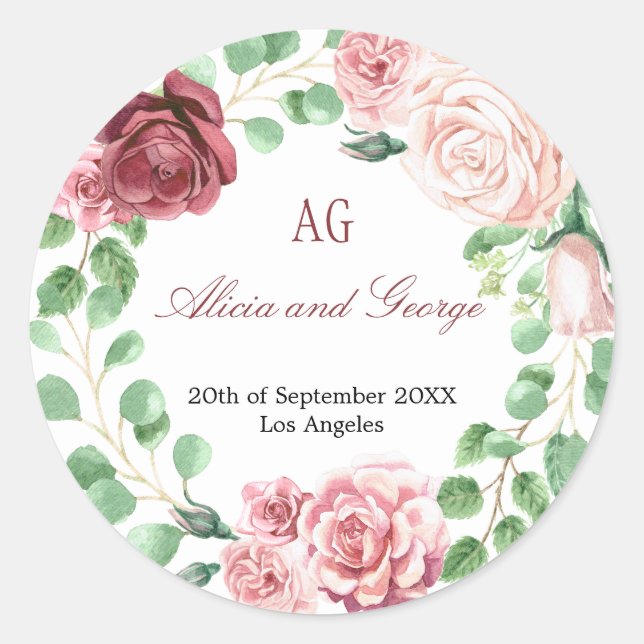 Burgundy Blush Roses Wreath Monogrammed Wedding Classic Round Sticker (Front)