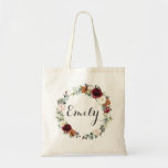 Burgundy Blush Rust Floral Flowers Wedding Favour  Tote Bag<br><div class="desc">This boho chic floral tote bag features a beautiful burgundy, blush, rust / burnt orange floral and greenery round wreath. Personalise it easily and quickly, simply press the customise it button to further re-arrange and format the style and placement of the text. Great for wedding favours! (c) The Happy Cat...</div>