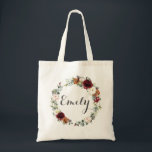 Burgundy Blush Rust Floral Flowers Wedding Favour  Tote Bag<br><div class="desc">This boho chic floral tote bag features a beautiful burgundy, blush, rust / burnt orange floral and greenery round wreath. Personalise it easily and quickly, simply press the customise it button to further re-arrange and format the style and placement of the text. Great for wedding favours! (c) The Happy Cat...</div>