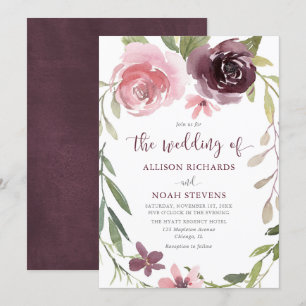 Burgundy blush rustic floral watercolor wedding invitation