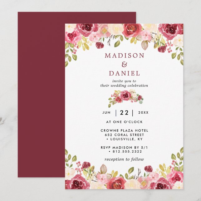 Burgundy Blush Rustic Floral Wedding Invitation (Front/Back)