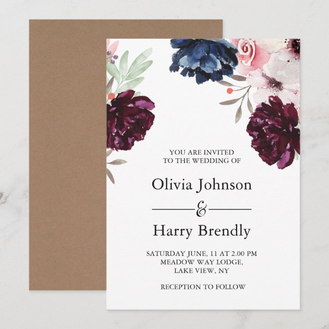 Burgundy Blush Rustic Kraft Floral Wedding Invitation (Front/Back)