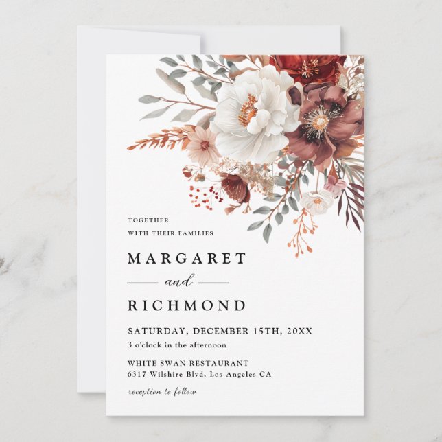Burgundy & Blush Rustic Watercolor Floral Wedding Invitation (Front)