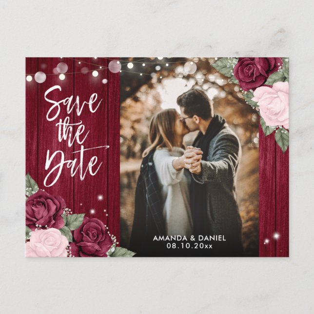 Burgundy Blush Rustic Wedding Photo Save The Date Announcement Postcard (Front)