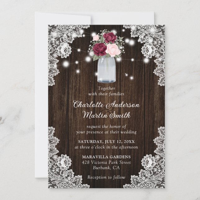 Burgundy Blush Rustic Wood Lace Floral Wedding Invitation (Front)