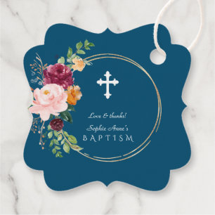 Burgundy Blush Saffron Floral Gold Cross Baptism Favour Tags