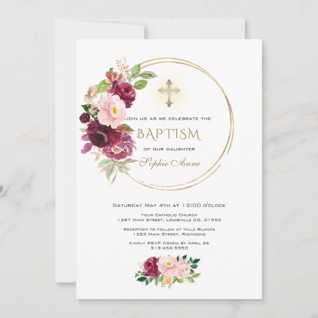 Burgundy Blush Saffron Floral Gold Cross Baptism Invitation (Front)