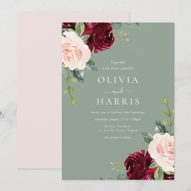 Burgundy Blush & Sage Floral Watercolor Wedding Invitation (Front/Back)