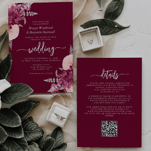 Burgundy Blush Silver Floral QR Code Wedding Invitation
