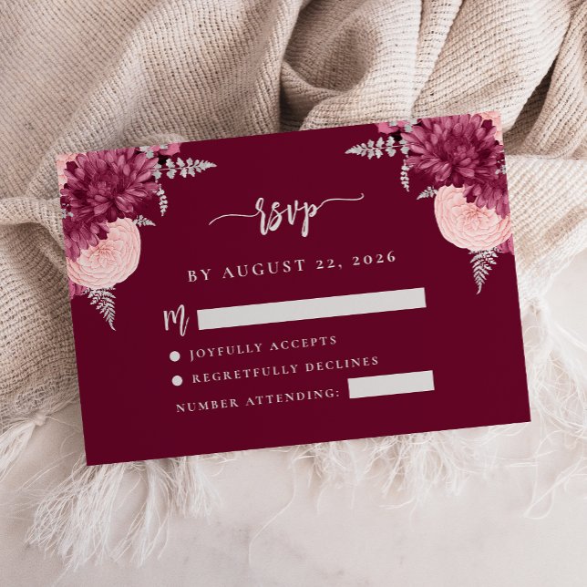 Burgundy Blush Silver Floral Script Wedding RSVP Enclosure Card (Creator Uploaded)