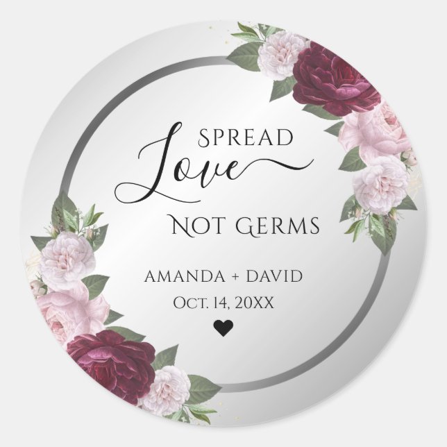 Burgundy Blush Silver Floral Spread Love Classic Round Sticker (Front)