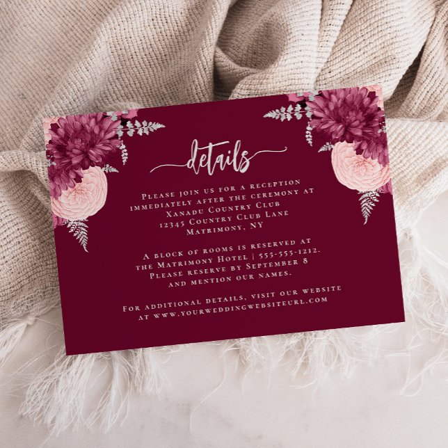 Burgundy Blush Silver Floral Wedding Details Enclosure Card (Creator Uploaded)