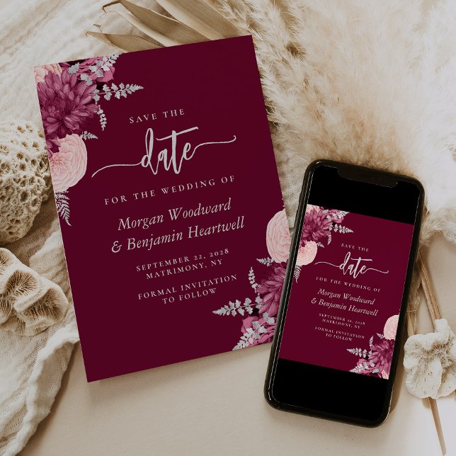 Burgundy Blush Silver Floral Wedding Save the Date Invitation (Creator Uploaded)