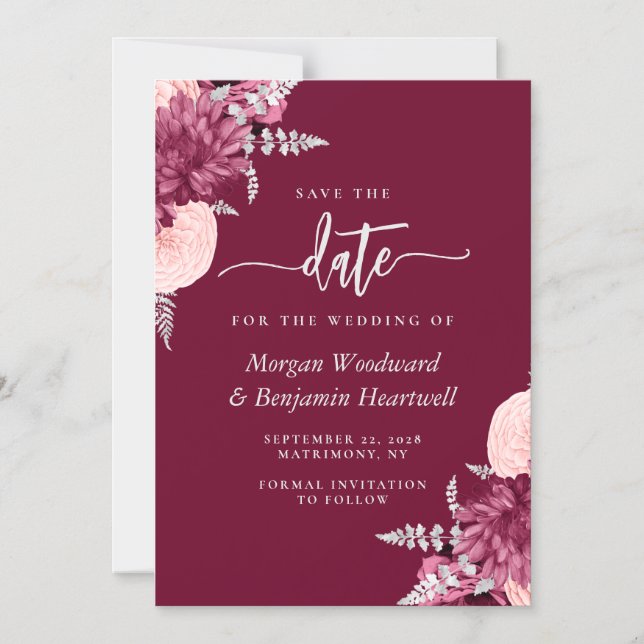 Burgundy Blush Silver Floral Wedding Save the Date Magnetic Invitation (Front)